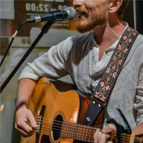 Embroidered Guitar Strap Adjustable with Leather Ends Picks Locks Included - Picture 6 of 7